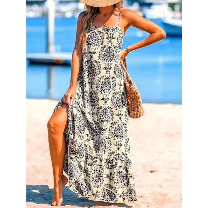 Kadın Ip Askılı Desenli Fırfırlı Süprem Elbise