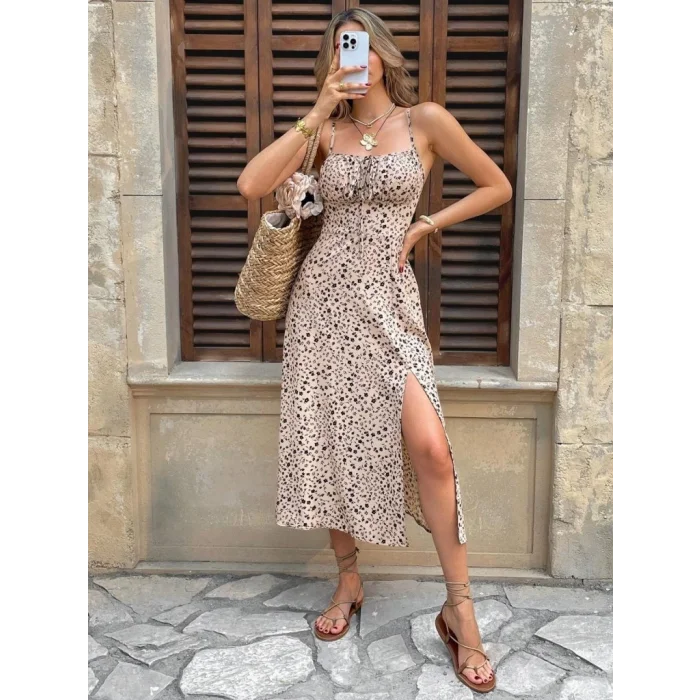 Kadın Ip Askılı Desenli Yırtmaçlı Süprem Midi Elbise