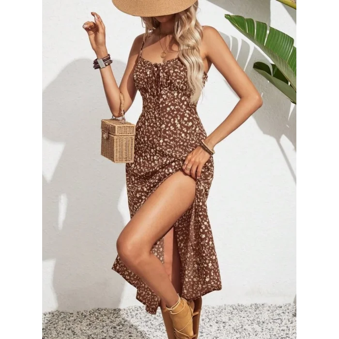 Kadın Ip Askılı Geniş V Yaka Bağcıklı Yandan Yırtmaçlı çiçek Desenli Midi Süprem Elbise