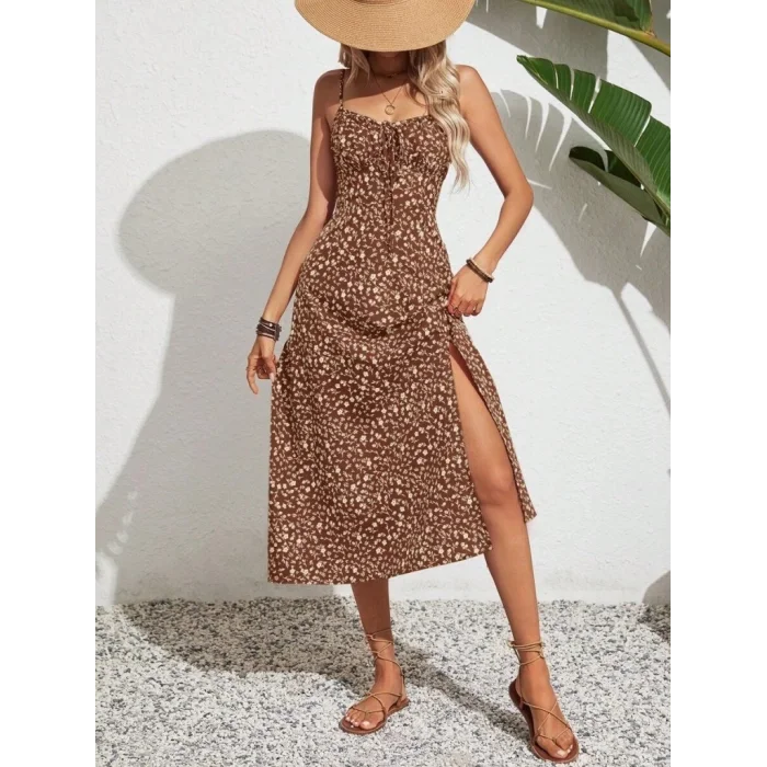 Kadın Ip Askılı Geniş V Yaka Bağcıklı Yandan Yırtmaçlı çiçek Desenli Midi Süprem Elbise