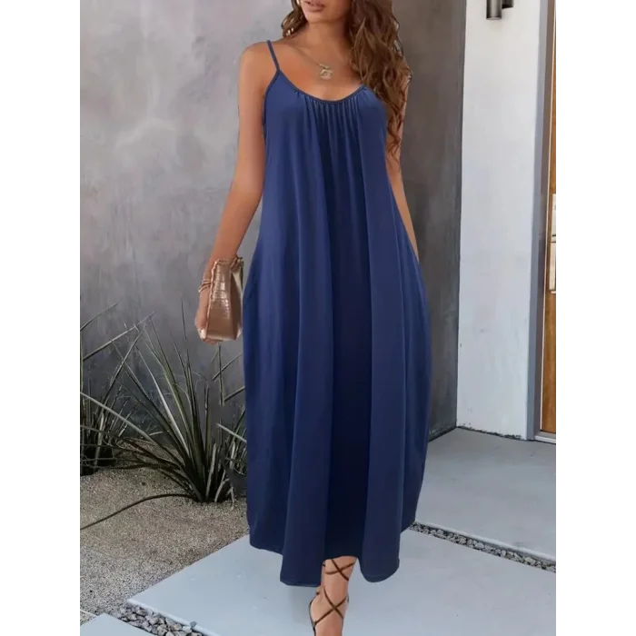 Kadın Ip Askılı Geniş V Yakalı Viskon Elbise