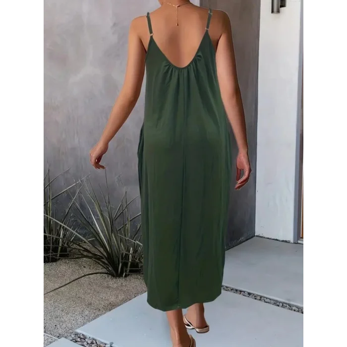 Kadın Ip Askılı Geniş V Yakalı Viskon Elbise