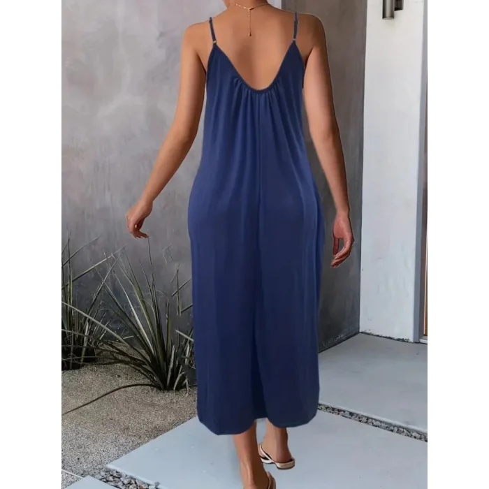 Kadın Ip Askılı Geniş V Yakalı Viskon Elbise