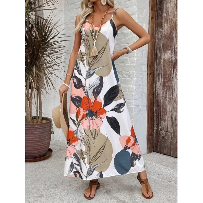 Kadın Ip Askılı Geniş V Yakalı Desenli Süprem Elbise