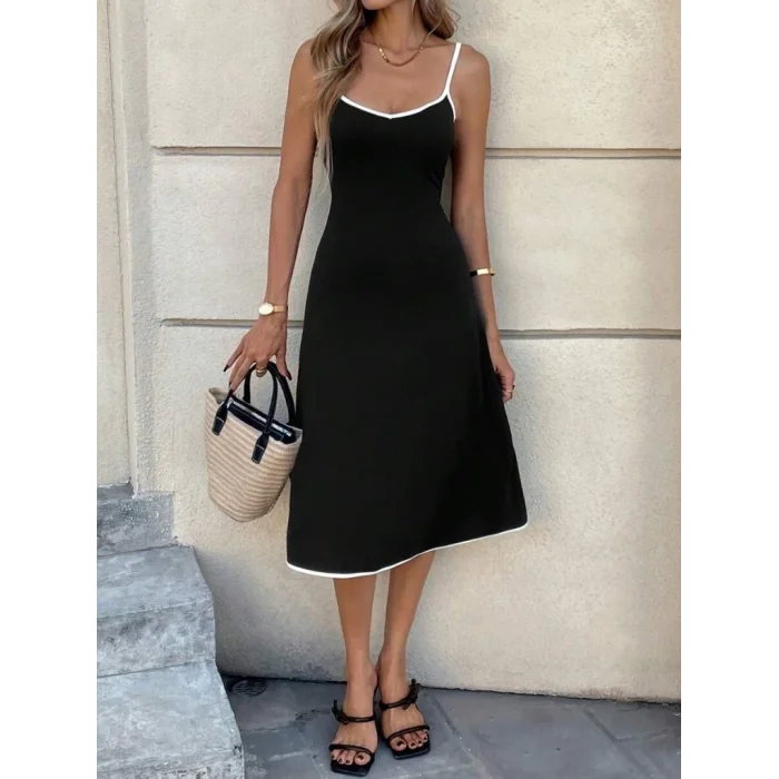 Kadın Ip Askılı Geniş V Yakalı Midi Janjan Krep Elbise