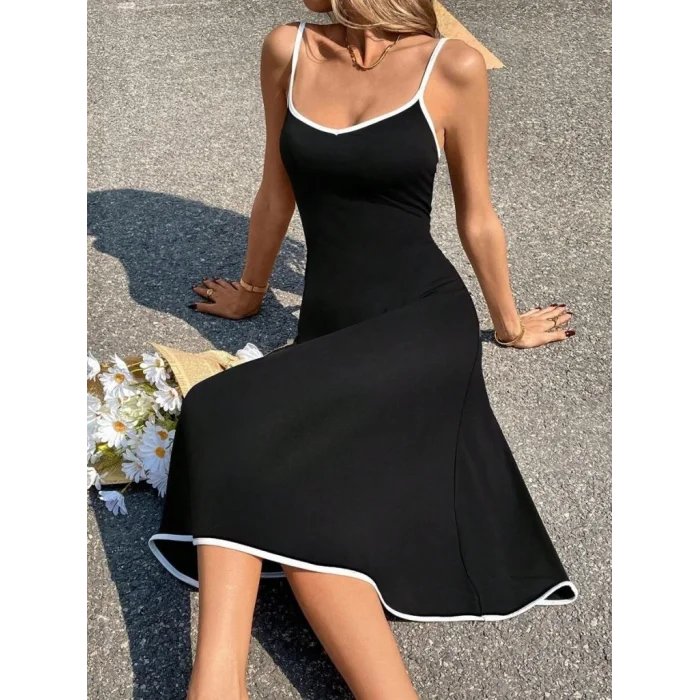 Kadın Ip Askılı Geniş V Yakalı Midi Janjan Krep Elbise