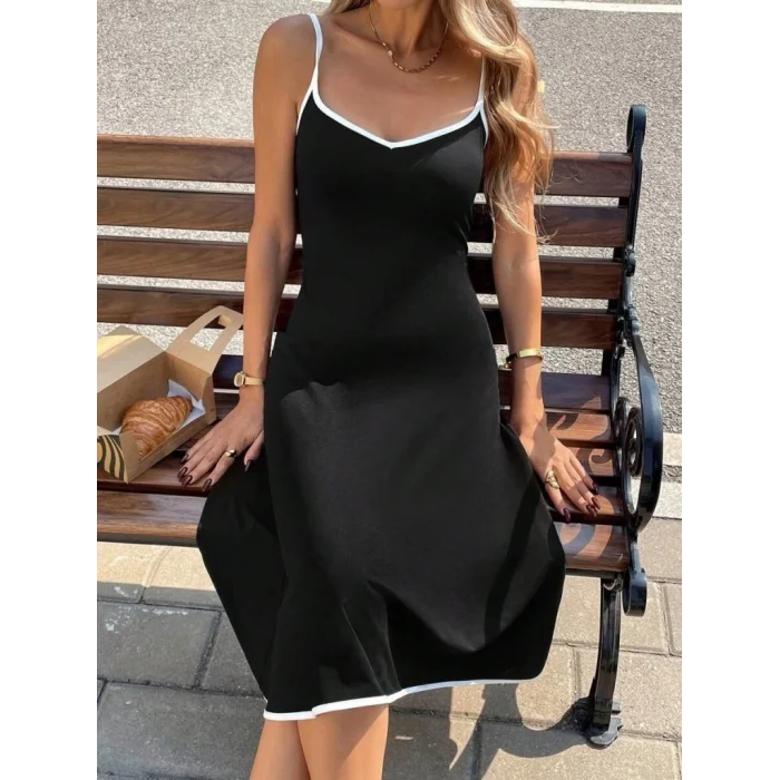 Kadın Ip Askılı Geniş V Yakalı Midi Janjan Krep Elbise