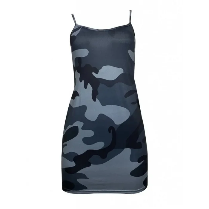 Kadın Ip Askılı Kamuflaj Baskılı Viskon Elbise