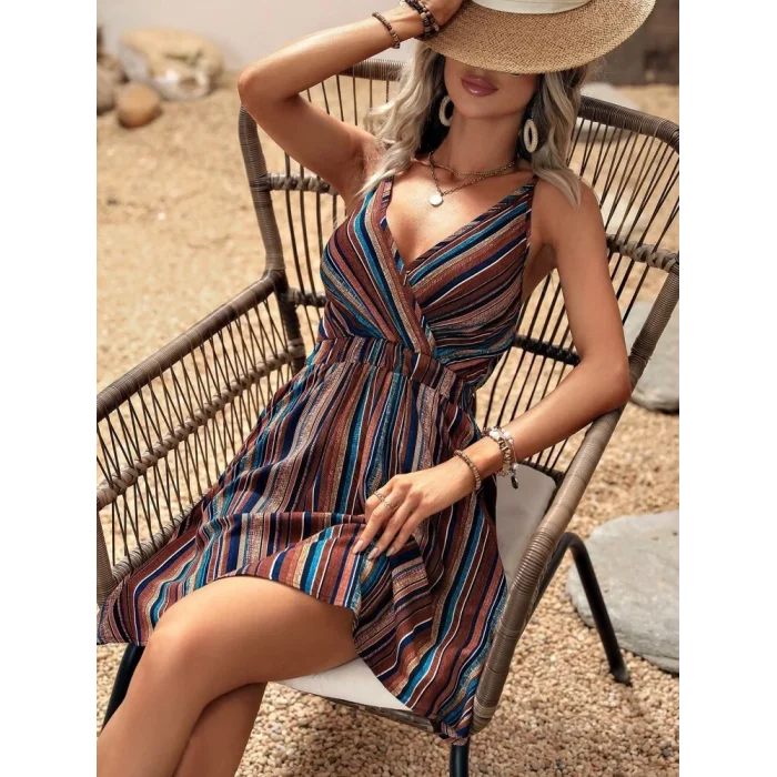 Kadın Ip Askılı Kruvaze Yakalı Beli Lastikli Desenli Süprem Elbise