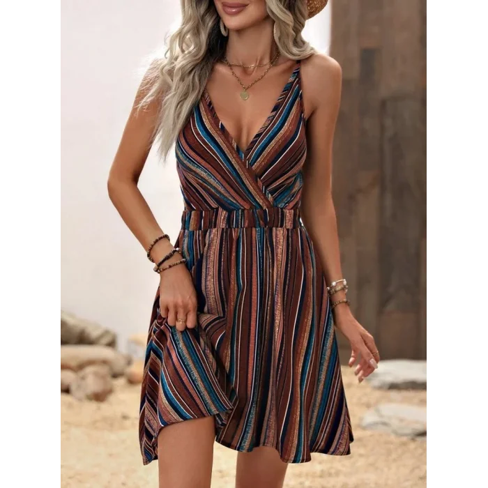 Kadın Ip Askılı Kruvaze Yakalı Beli Lastikli Desenli Süprem Elbise