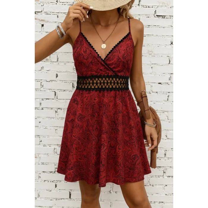 Kadın Ip Askılı Kruvaze Yakalı Desenli Mini Süprem Mini Elbise