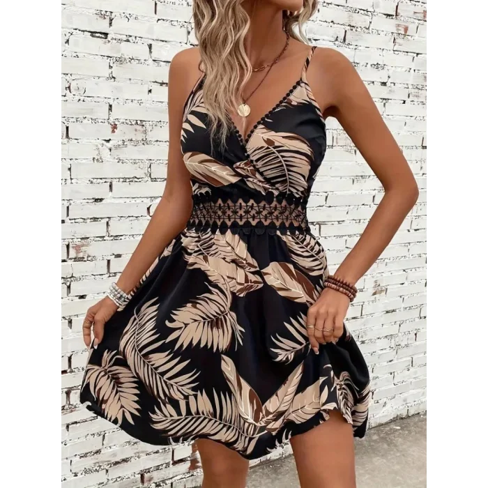 Kadın Ip Askılı Kruvaze Yakalı Desenli Mini Süprem Mini Elbise