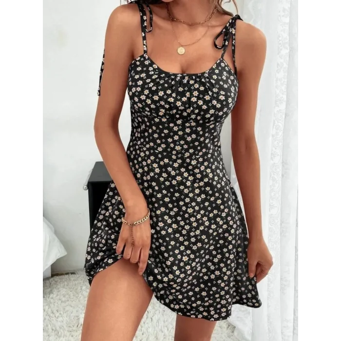 Kadın Ip Askılı Omuzlardan Bağcıklı çiçek Desenli Süprem Elbise