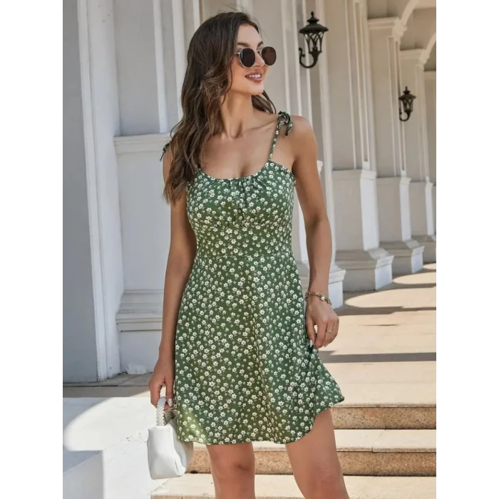 Kadın Ip Askılı Omuzlardan Bağcıklı çiçek Desenli Süprem Elbise