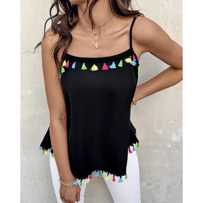 Kadın Ip Askılı Püskül Detaylı Sandy Bluz