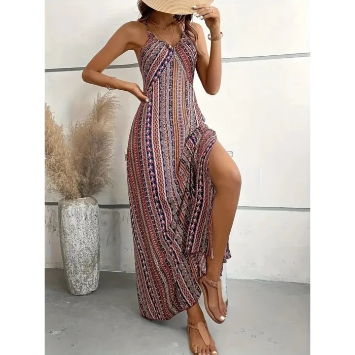 Kadın Ip Askılı Sırttan çapraz Detaylı Yırtmaçlı Desenli Süprem Elbise