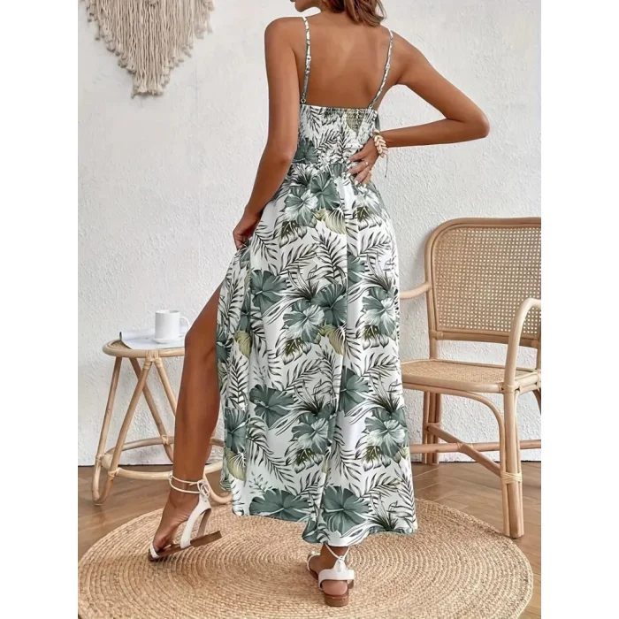 Kadın Ip Askılı V Yakalı Bel Güpür çiçek Desenli Yandan Yırtmaçlı Maksi Süprem Elbise