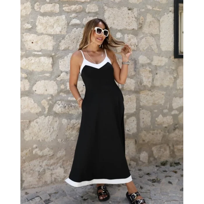 Kadın Ip Askılı V Yakalı çift Renkli Janjan Krep Elbise