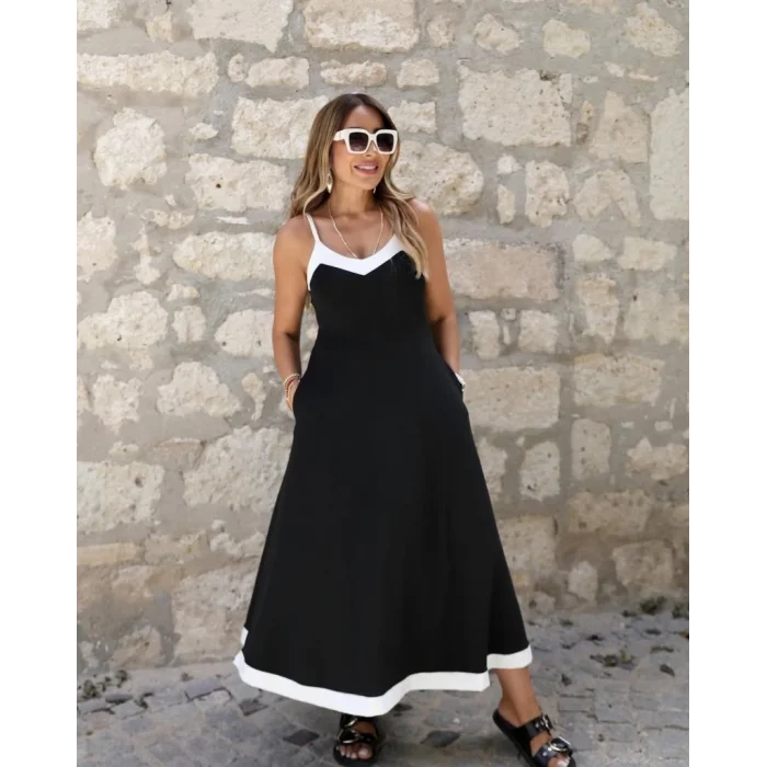 Kadın Ip Askılı V Yakalı çift Renkli Janjan Krep Elbise