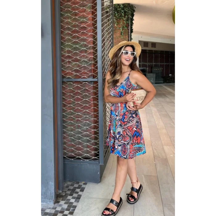 Kadın Ip Askılı V Yakalı Desenli Kısa Süprem Elbise