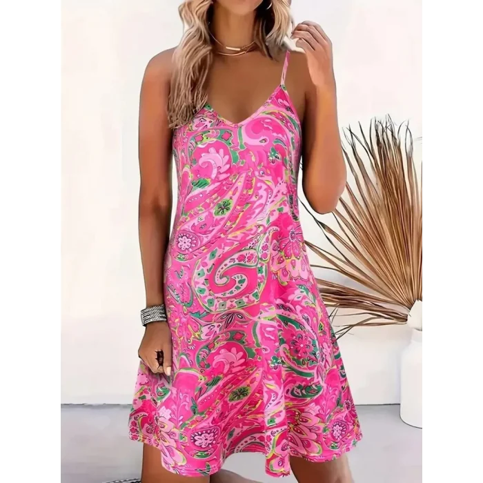 Kadın Ip Askılı V Yakalı Desenli Kısa Süprem Mini Elbise