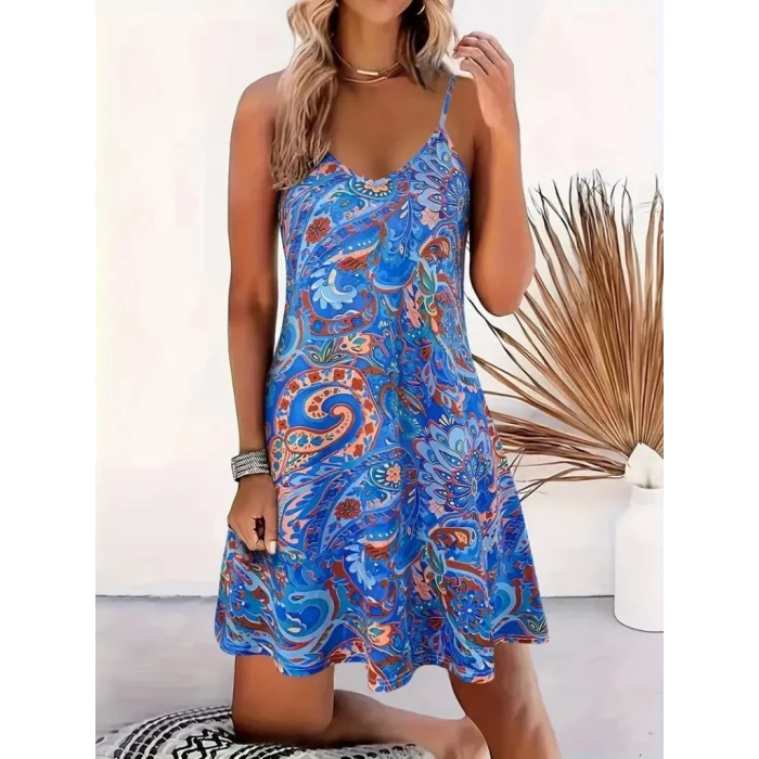 Kadın Ip Askılı V Yakalı Desenli Kısa Süprem Mini Elbise