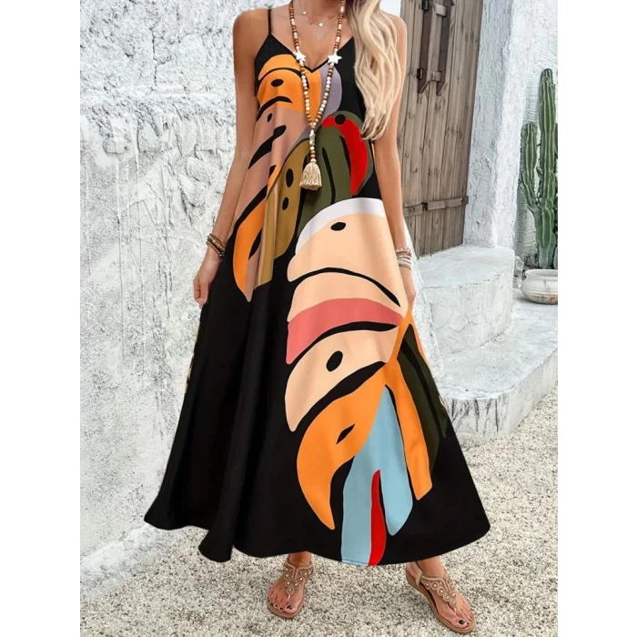 Kadın Ip Askılı V Yakalı Desenli Süprem Maxi Elbise