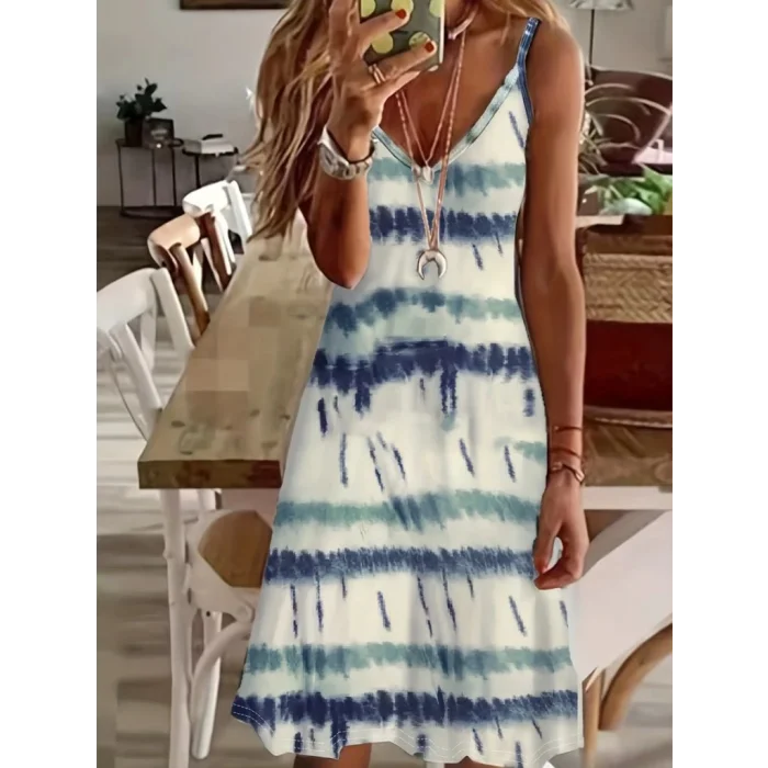 Kadın Ip Askılı V Yakalı Karışık Renkli Süprem Elbise