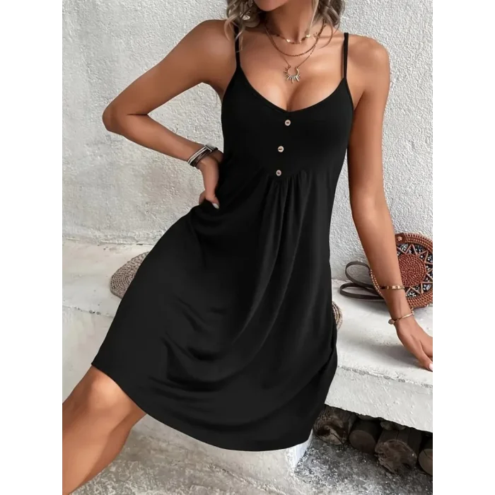 Kadın Ip Askılı V Yakalı Kısa Viskon Elbise