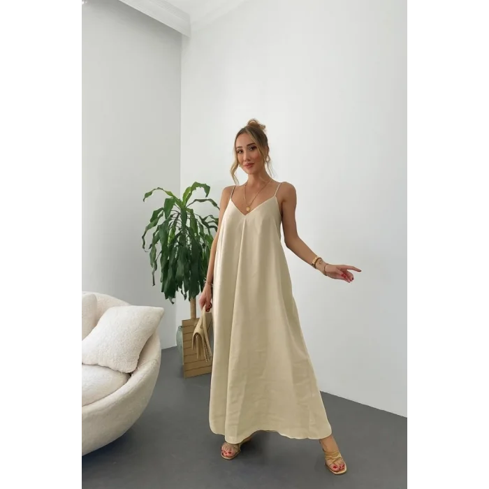 Kadın Ip Askılı V Yakalı Uzun Aerobin Elbise