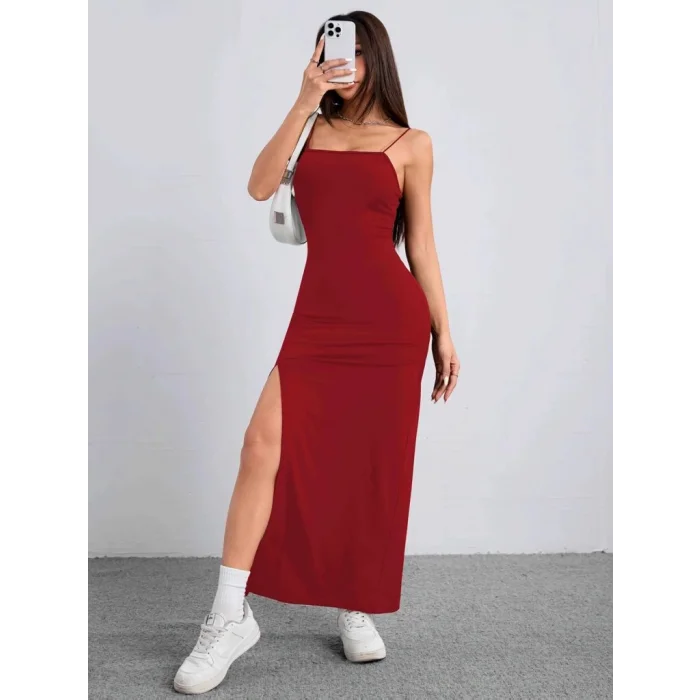 Kadın Ip Askılı Yandan Yırtmaçlı Janjan Krep Elbise