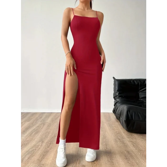 Kadın Ip Askılı Yandan Yırtmaçlı Janjan Krep Elbise