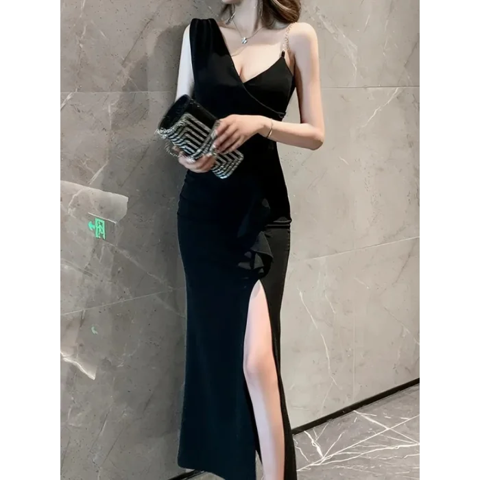 Kadın Ip Zincir Askılı Kruvaze Yakalı önden Fırfırlı Yırtmaçlı Janjan Krep Elbise