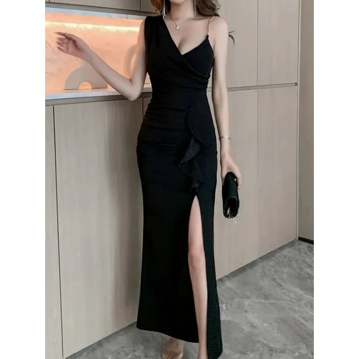 Kadın Ip Zincir Askılı Kruvaze Yakalı önden Fırfırlı Yırtmaçlı Janjan Krep Elbise