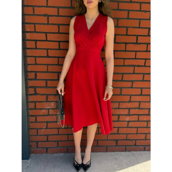 Kadın Ithal Krep Kumaş Kruvaze Yaka Eteği Kloş Kolsuz Mini Elbise