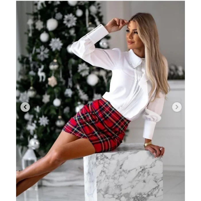 Kadın Jesica Kumaş Volan Detay Gömlek Ve Dalgıç Kumaş Ekose Baskılı Büzgü Detay Mini Etek Ikili Takım