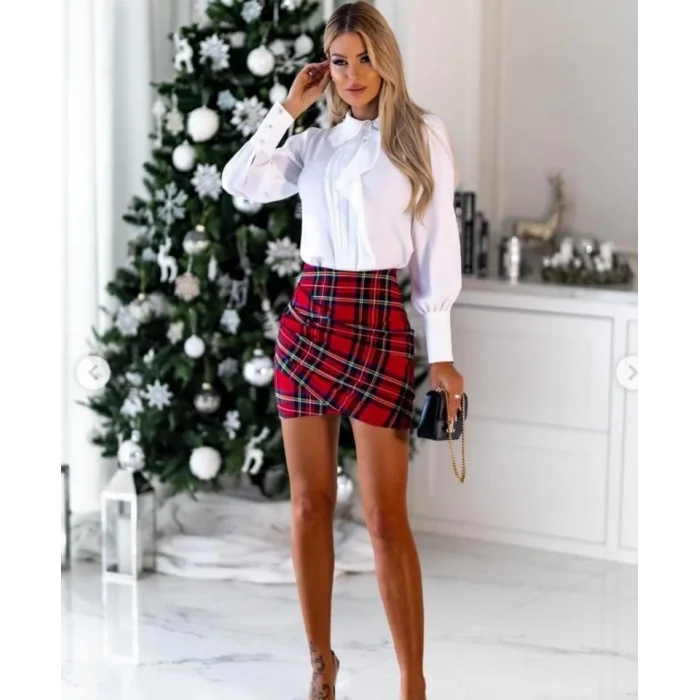 Kadın Jesica Kumaş Volan Detay Gömlek Ve Dalgıç Kumaş Ekose Baskılı Büzgü Detay Mini Etek Ikili Takım