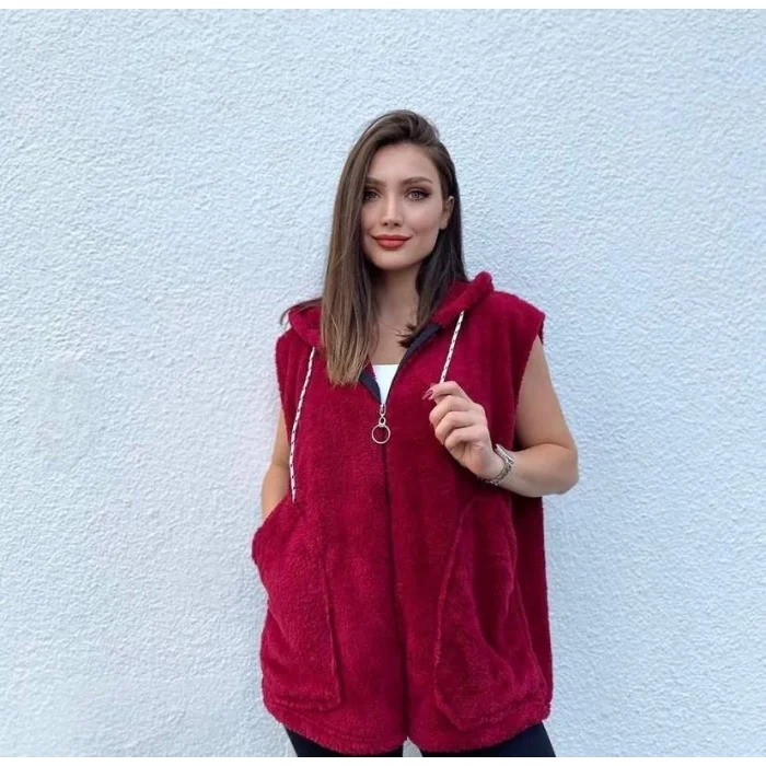 Kadın Kapüşon Ve Fermuar Detay Welsoft Kolsuz Yelek