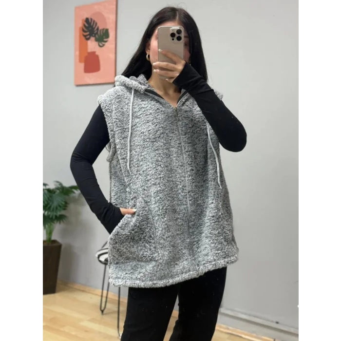 Kadın Kapüşon Ve Fermuar Detay Welsoft Kolsuz Yelek