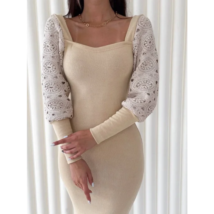 Kadın Kare Yaka Kolları Manşet Ve Tül Detay Fırsat ürün Midi Boy Elbise