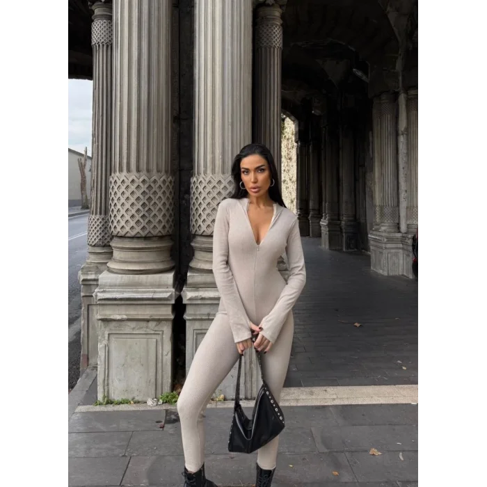 Kadın Kaşkorse Kumaş Fermuar Detaylı Tulum