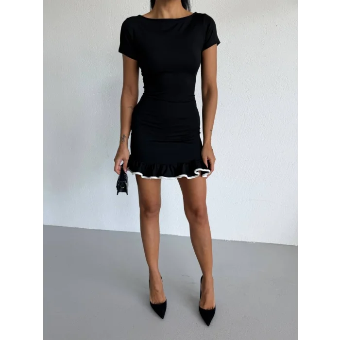 Kadın Kayık Yaka Kısa Kollu Eteği Olan Detay Dalgıç Kumaş Mini Elbise