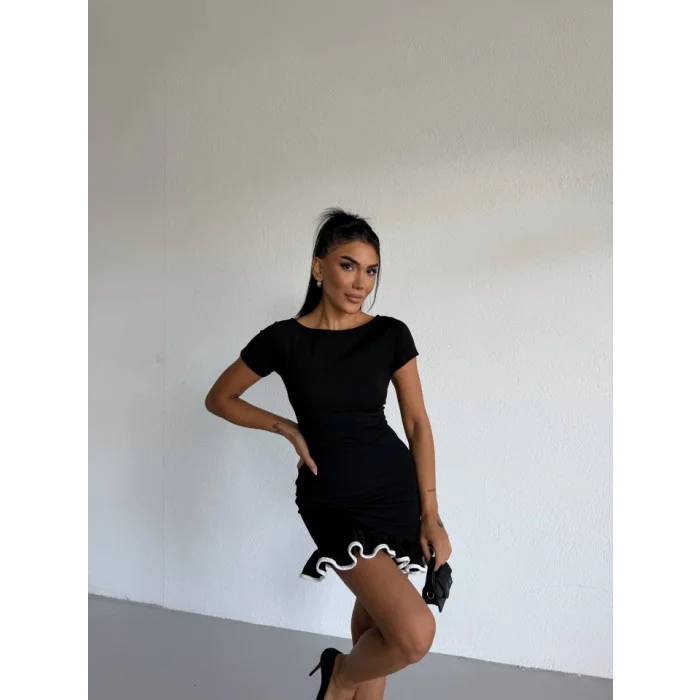 Kadın Kayık Yaka Kısa Kollu Eteği Olan Detay Dalgıç Kumaş Mini Elbise