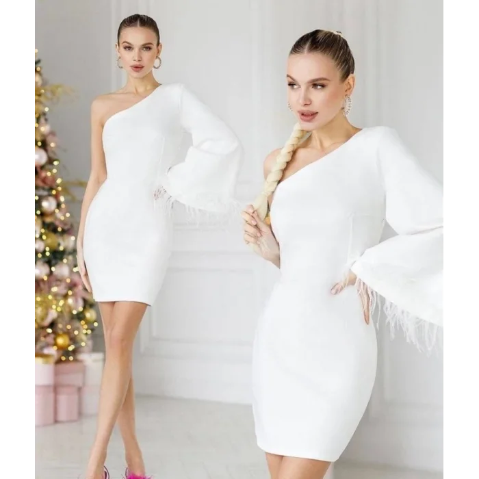 Kadın Kayık Yaka Kolu Salaş Püskül Detay Kalem Mini Elbise