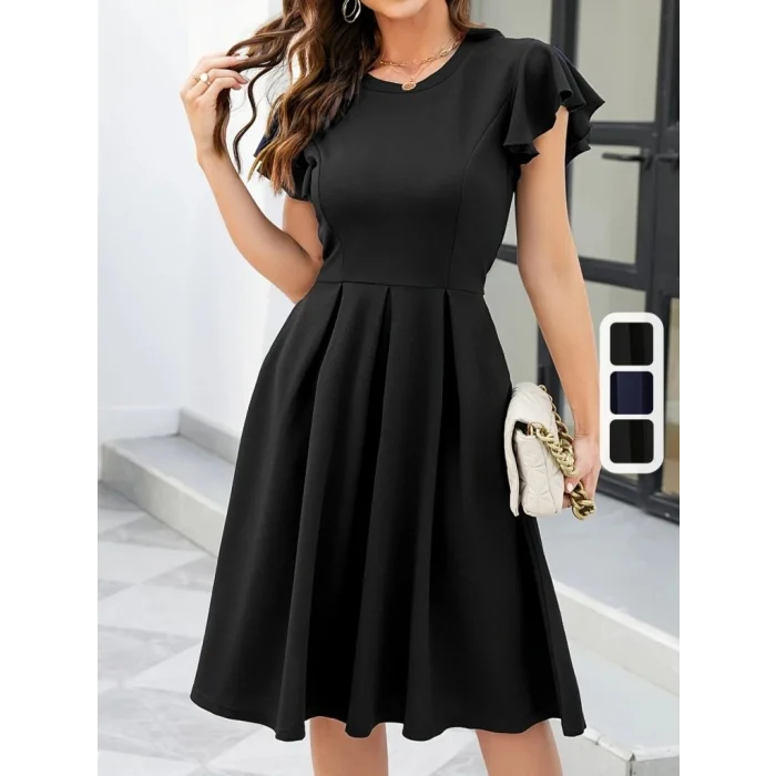 Kadın Kelebek Kollu Bisiklet Yakalı Pileli Ithal Krep Elbise