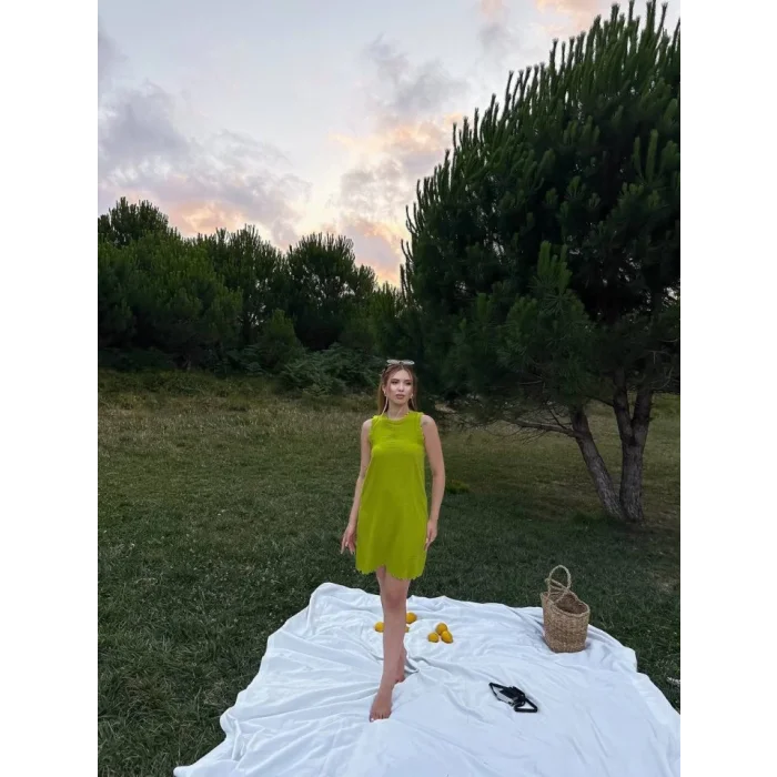 Kadın Keten Kumaş Kolsuz Mini Boy Elbise