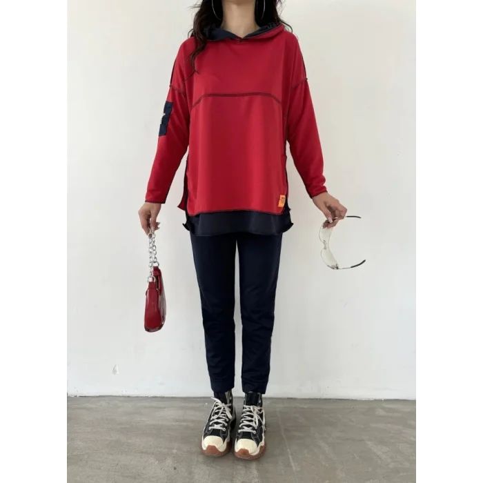 Kadın Kırmızı Kapşonlu Etek Ucu Detay Arma Ters Dikiş Gorunumlu Ikili Takım