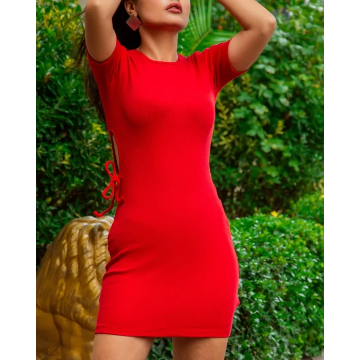Kadın Kırmızı Kısa Kol Bel Detay Kaşkorse Elbise