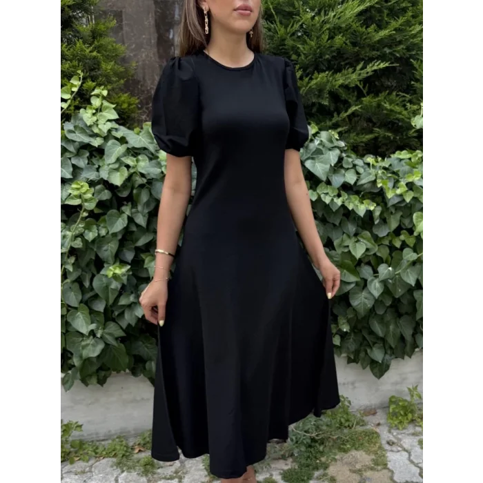 Kadın Kısa Balon Kollu Bisiklet Yaka Geniş Kesim Janjan Krep Elbise