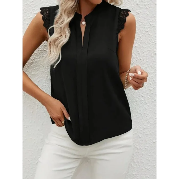 Kadın Kısa Dantel Kollu Hakim Yaka Ithal Krep Bluz